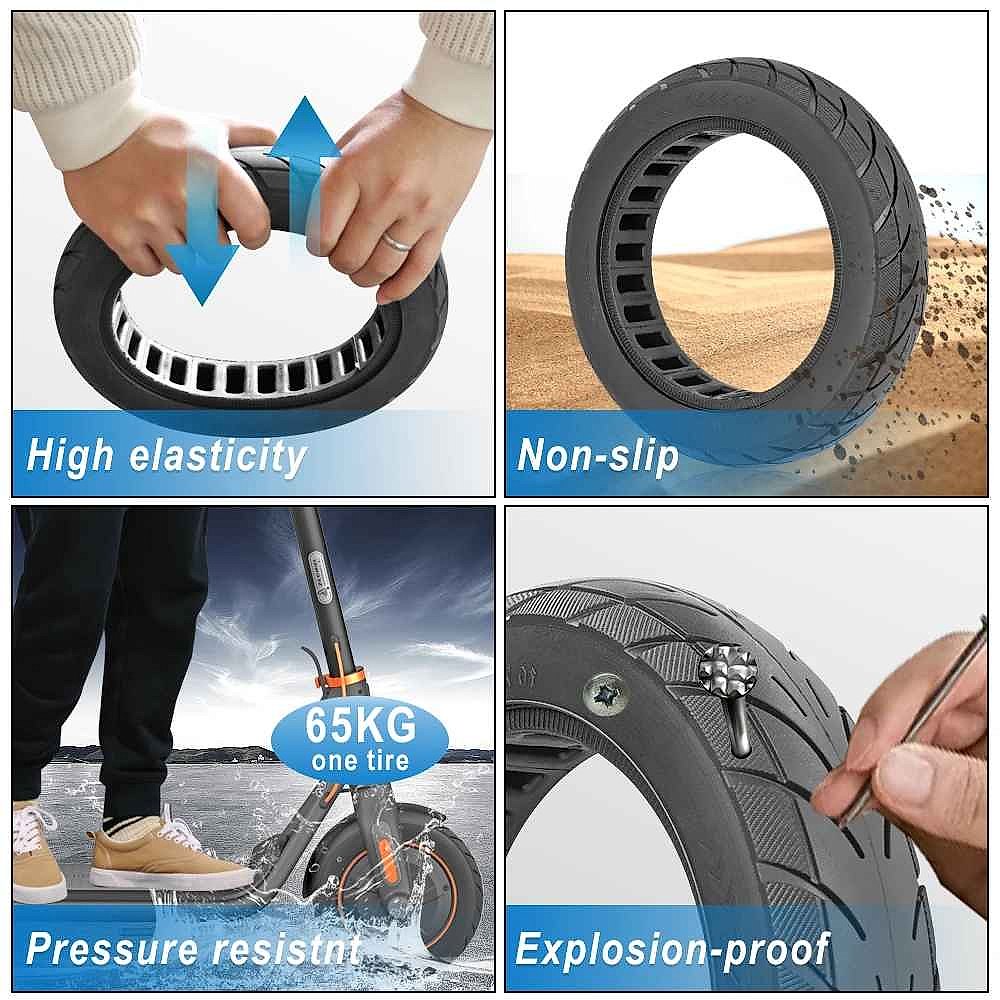 Solid honeycomb tubeless tire for Ninebot Max G30 10x2.5 close-up showing flexible airless tread pattern | BigMoetsy