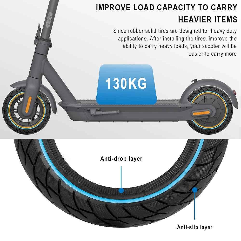 Solid honeycomb tubeless tire for Ninebot Max G30 10x2.5 close-up showing flexible airless tread pattern | BigMoetsy