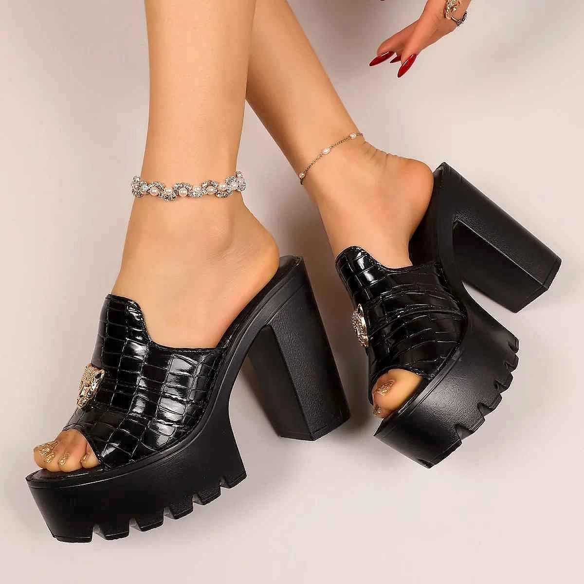 Soft leather peep-toe platform heeled slippers shown from side angle highlighting heel height and toe opening | BigMoetsy