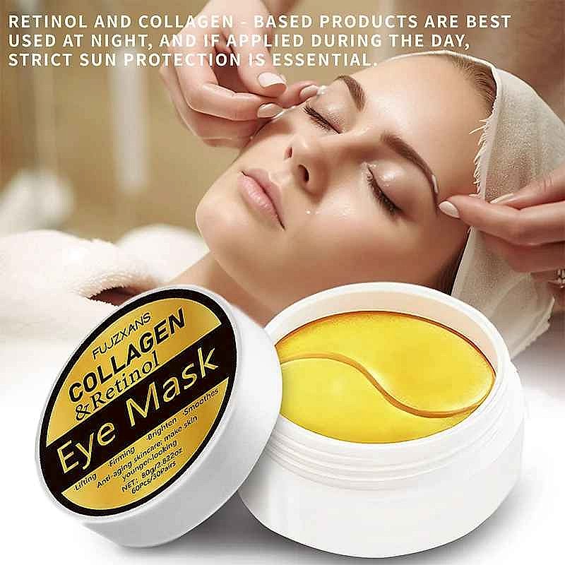 Collagen Retinol Brightening Eye Masks 60 sheets packaging closeup showing product details and ingredients list | BigMoetsy