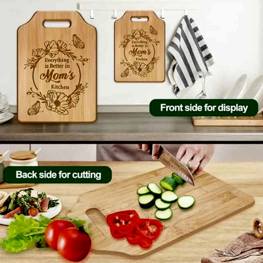 Personalized engraved bamboo cutting board gift for Mom and Sister with custom text close-up detail view | BigMoetsy