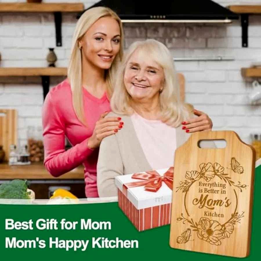 Personalized engraved bamboo cutting board gift for Mom and Sister with custom text detail shown | BigMoetsy