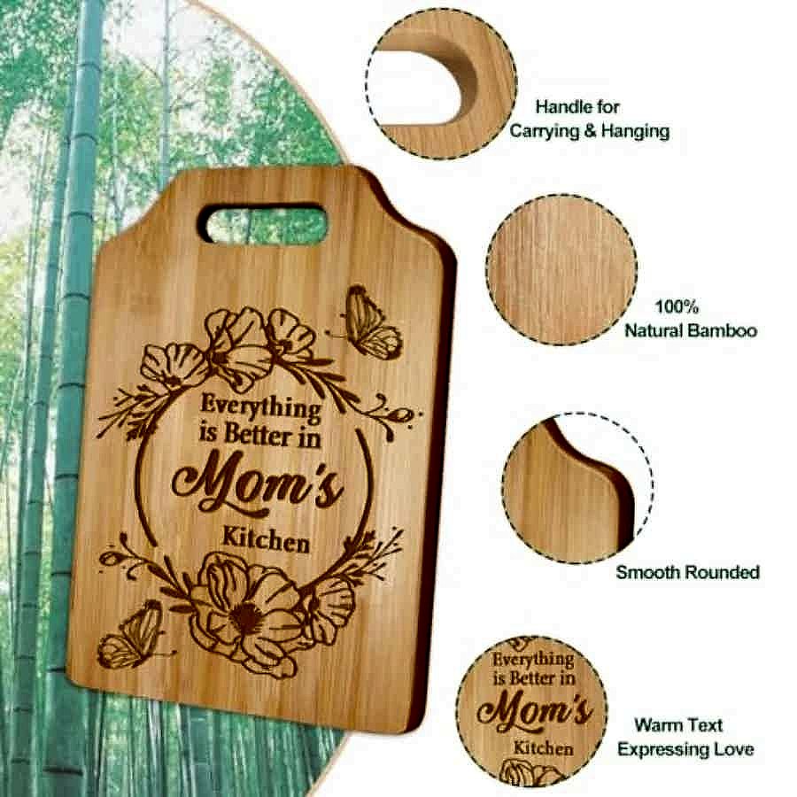 Personalized engraved bamboo cutting board gift for Mom and Sister with custom name detail shown close up | BigMoetsy
