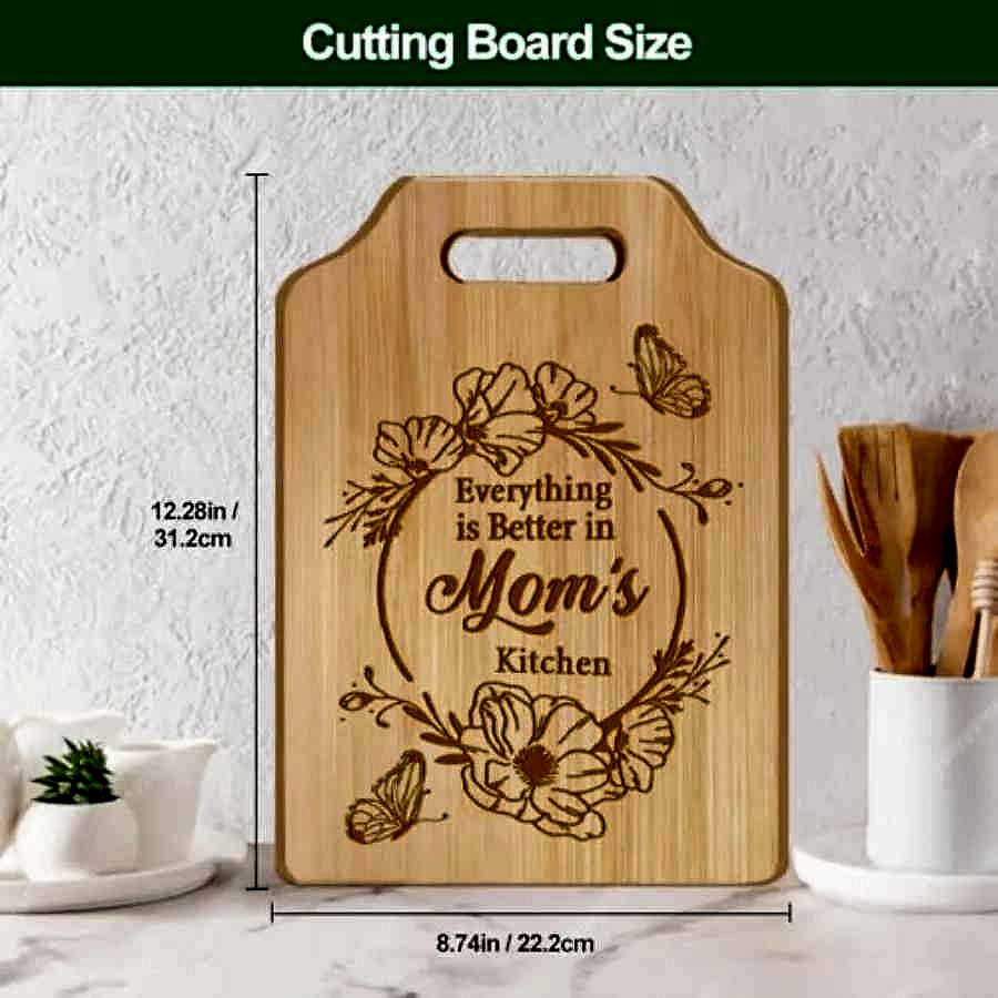 Engraved bamboo cutting board personalized for Mom and Sister shown from above with custom text detail | BigMoetsy