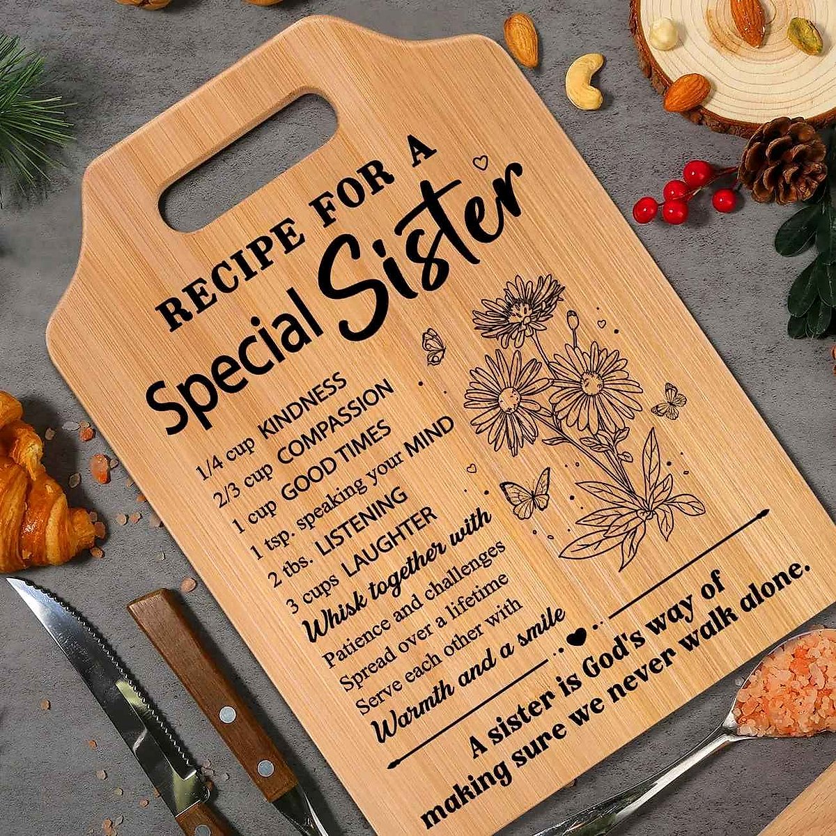 Personalized engraved bamboo cutting board gift for Mom and Sister with custom text detail | BigMoetsy