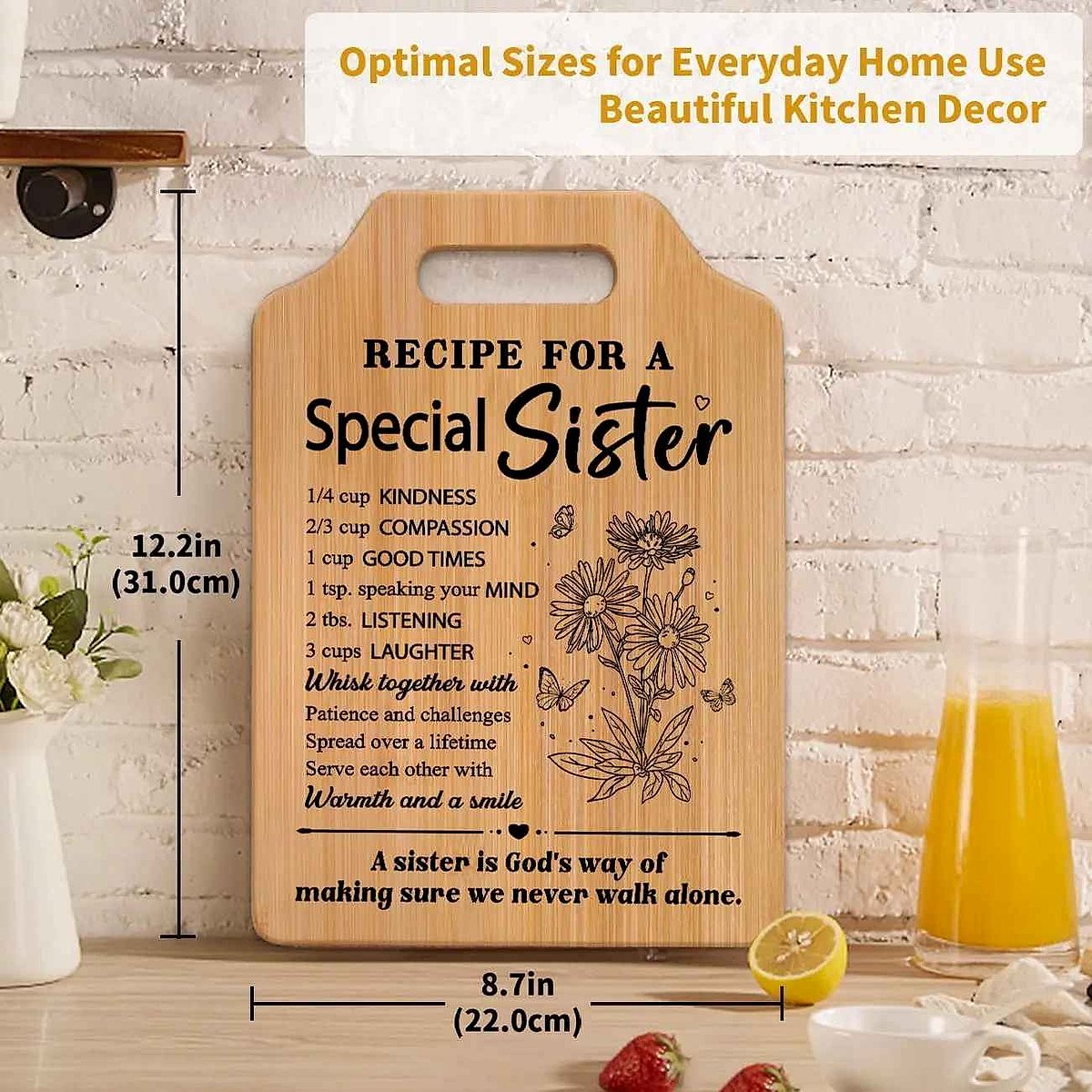Personalized engraved bamboo cutting board gift for Mom and Sister with custom text detail shown | BigMoetsy