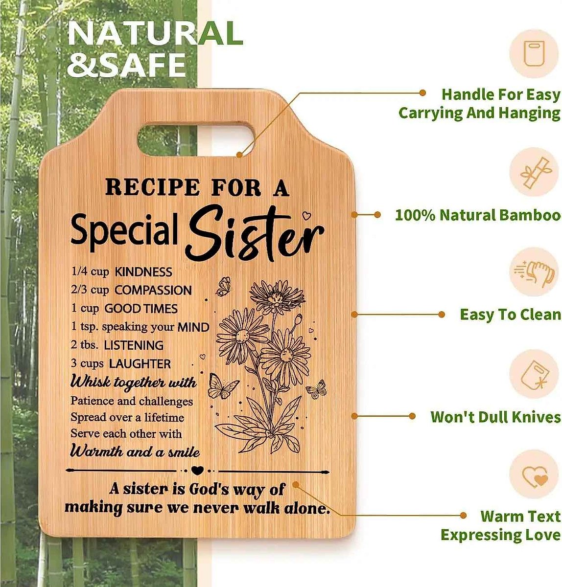 Personalized engraved bamboo cutting board gift for Mom and Sister with custom text detail | BigMoetsy
