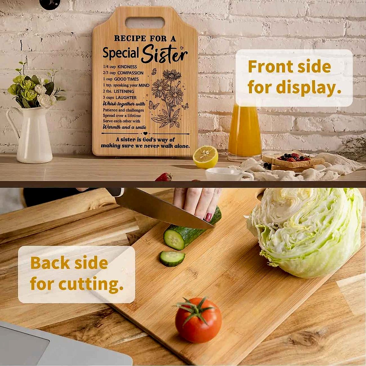 Personalized engraved bamboo cutting board gift for Mom and Sister with custom name detail shown close up | BigMoetsy