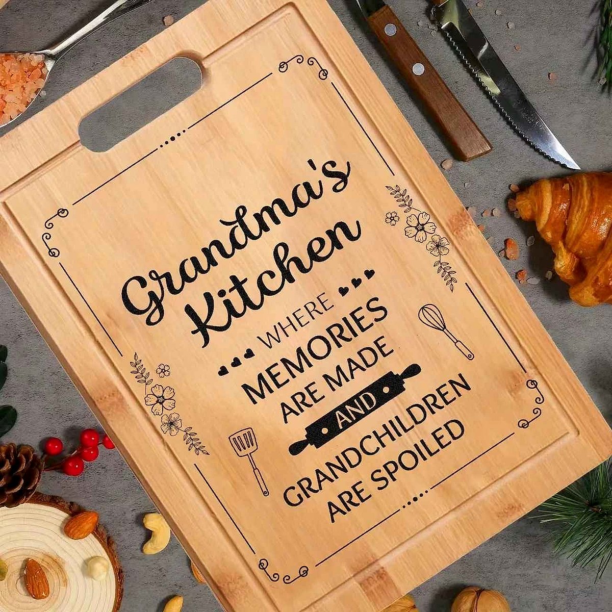Personalized engraved bamboo cutting board gift for Mom Sister Grandma with custom text detail | BigMoetsy