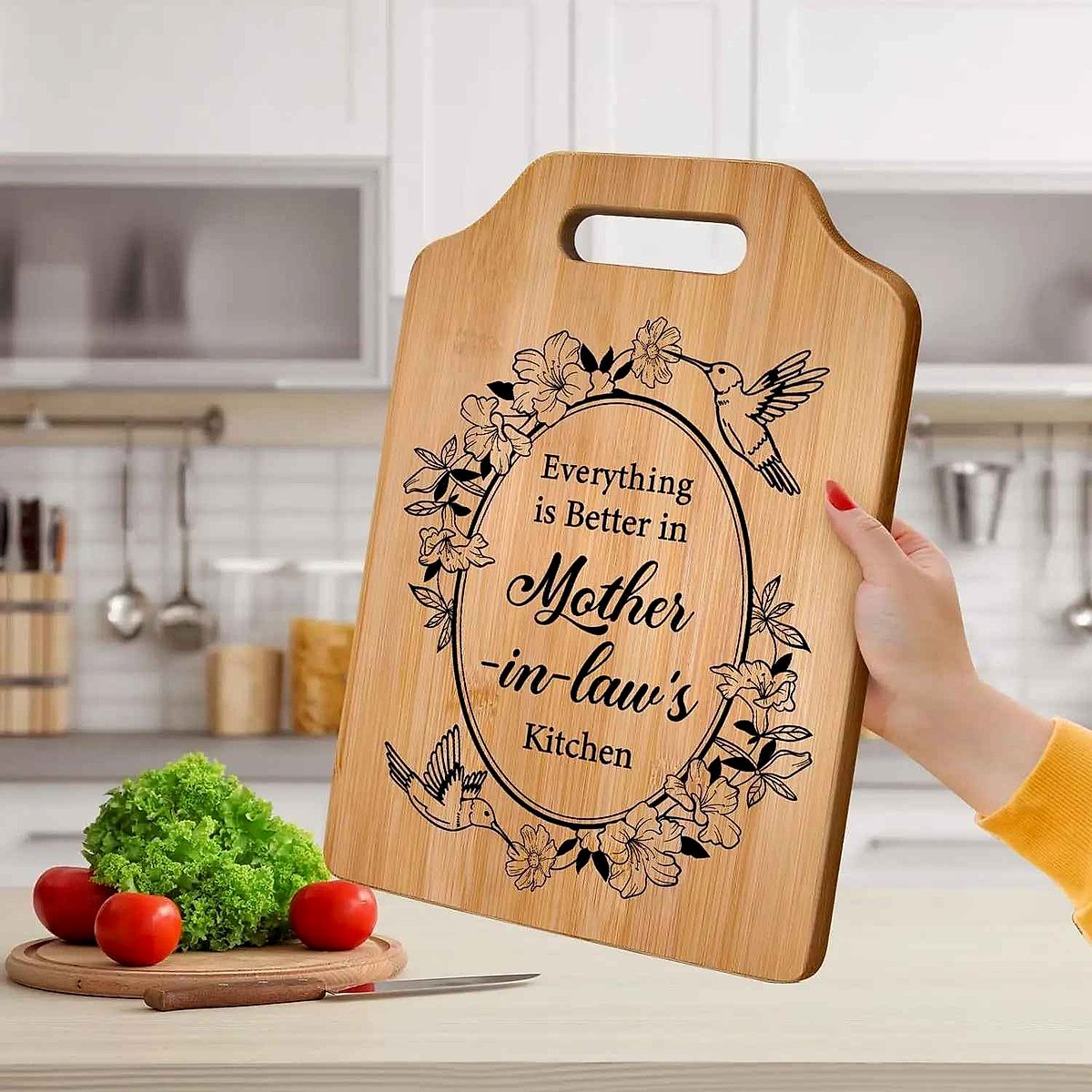 Personalized engraved bamboo cutting board gift for Mom Sister Grandma with custom text detail | BigMoetsy
