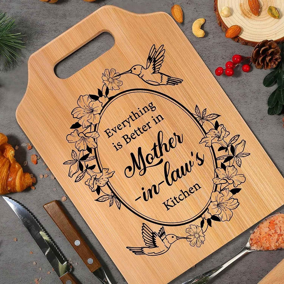 Personalized engraved bamboo cutting board gift for Mom Sister Grandma with custom text detail | BigMoetsy