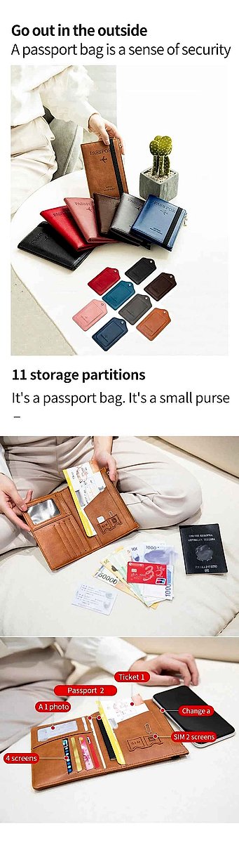Minimalist RFID passport holder and luggage tag travel set laid flat on clean surface | BigMoetsy