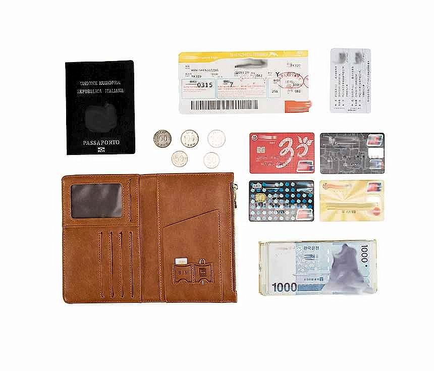 Minimalist RFID passport holder and luggage tag travel set laid flat on clean surface | BigMoetsy