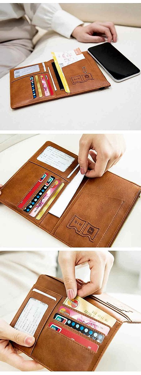 Minimalist RFID passport holder and luggage tag travel set laid flat on clean surface | BigMoetsy