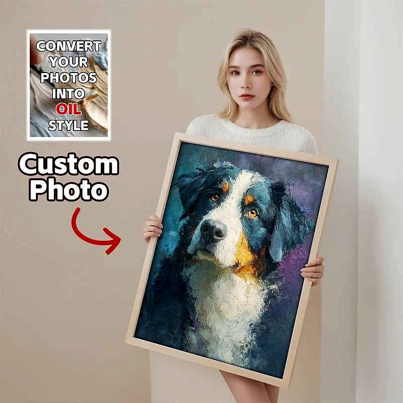 Custom watercolor pet portrait canvas painting of a dog in soft pastel brushstrokes, framed artwork detail view | BigMoetsy