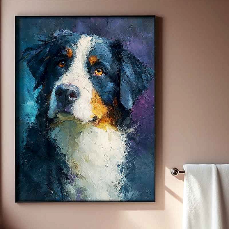 Custom watercolor pet portrait canvas painting of a dog in soft pastel tones, framed artwork detail view | BigMoetsy