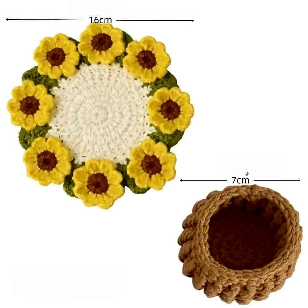 Handmade crochet sunflower coaster close-up showing yellow petals and textured center detail | BigMoetsy