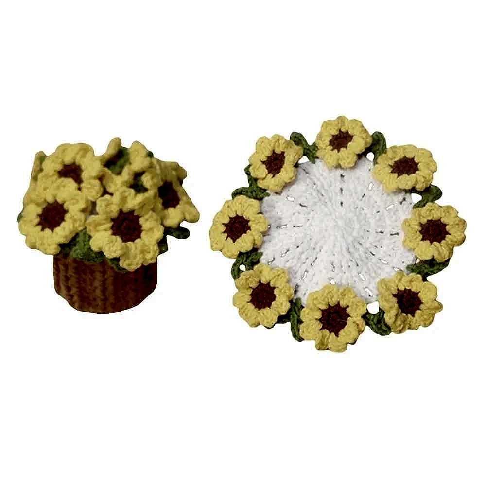Handmade crochet sunflower coaster close-up showing yellow petals and textured center detail | BigMoetsy