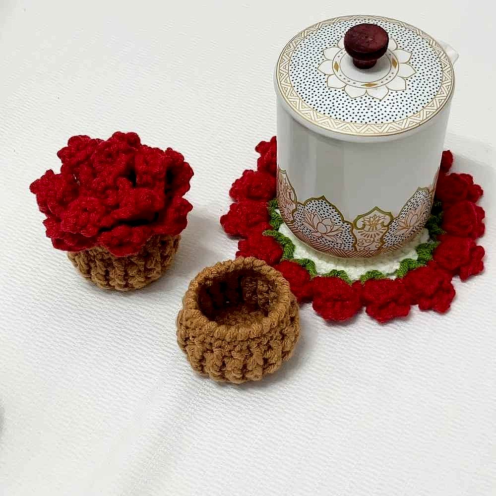 Handmade crochet sunflower coaster in yellow and brown tones, protecting surface from mug rings | BigMoetsy