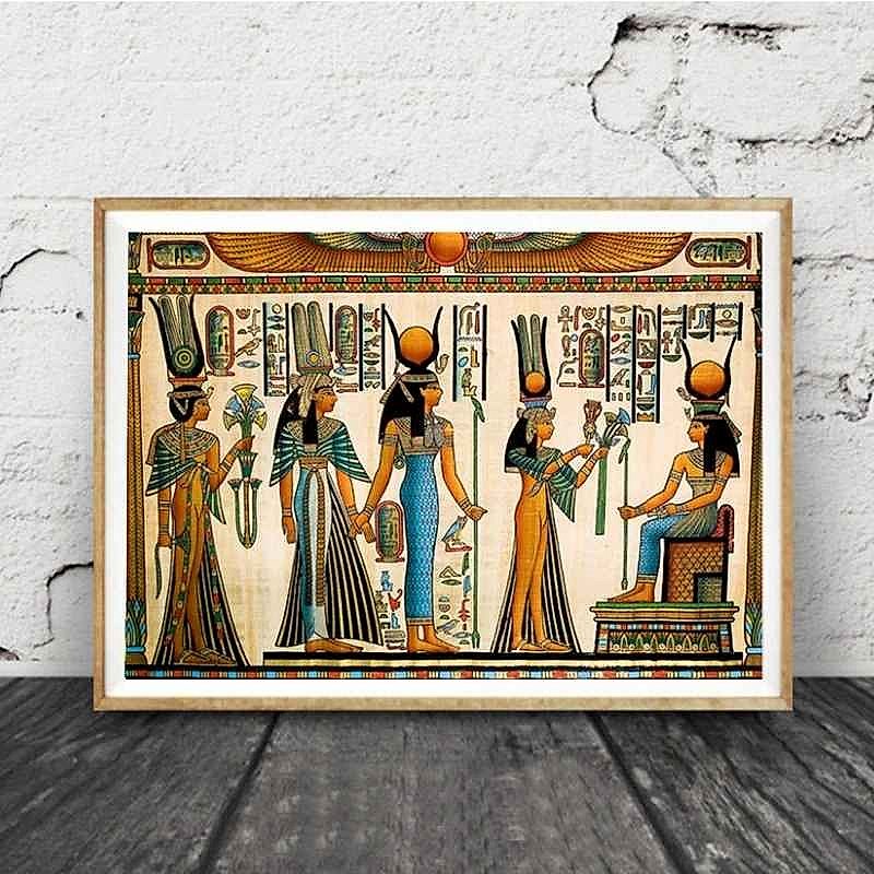 Antique-style Egyptian canvas art poster close-up showing aged texture and hieroglyphic details on wall display | BigMoetsy