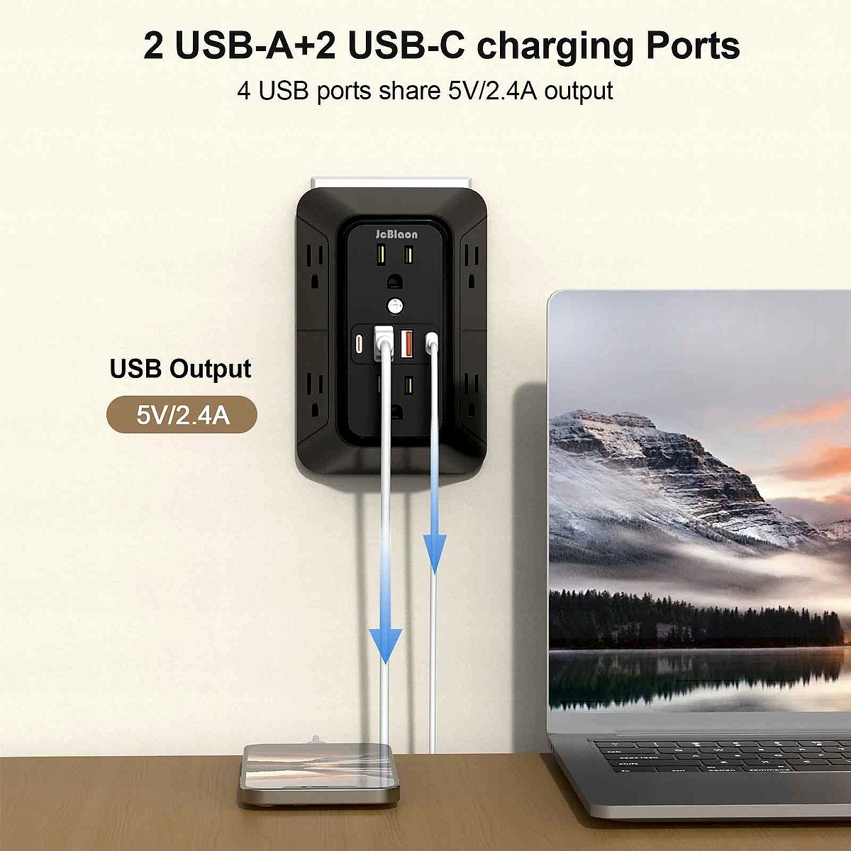 6-Outlet Power Strip with USB and USB-C Quick Charge ports shown at angle highlighting outlet spacing | BigMoetsy