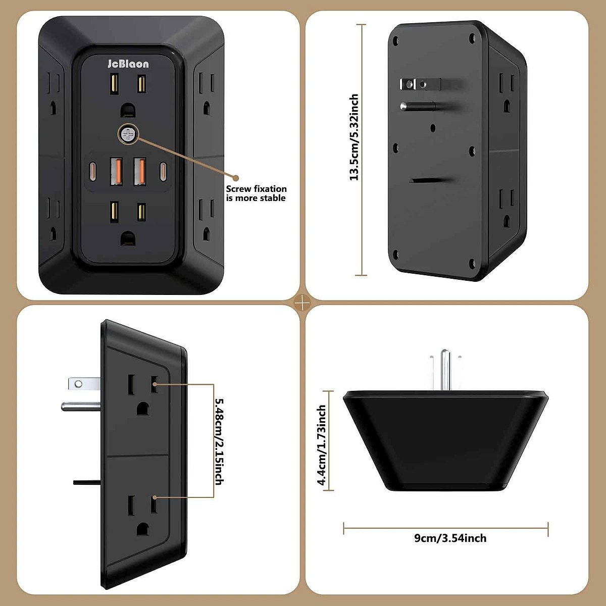 6-Outlet Power Strip with USB and USB-C Quick Charge ports shown at angle highlighting outlet spacing | BigMoetsy