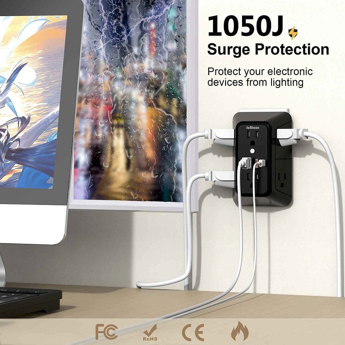 6-Outlet Power Strip with USB and USB-C Quick Charge ports shown at angle highlighting outlet spacing | BigMoetsy