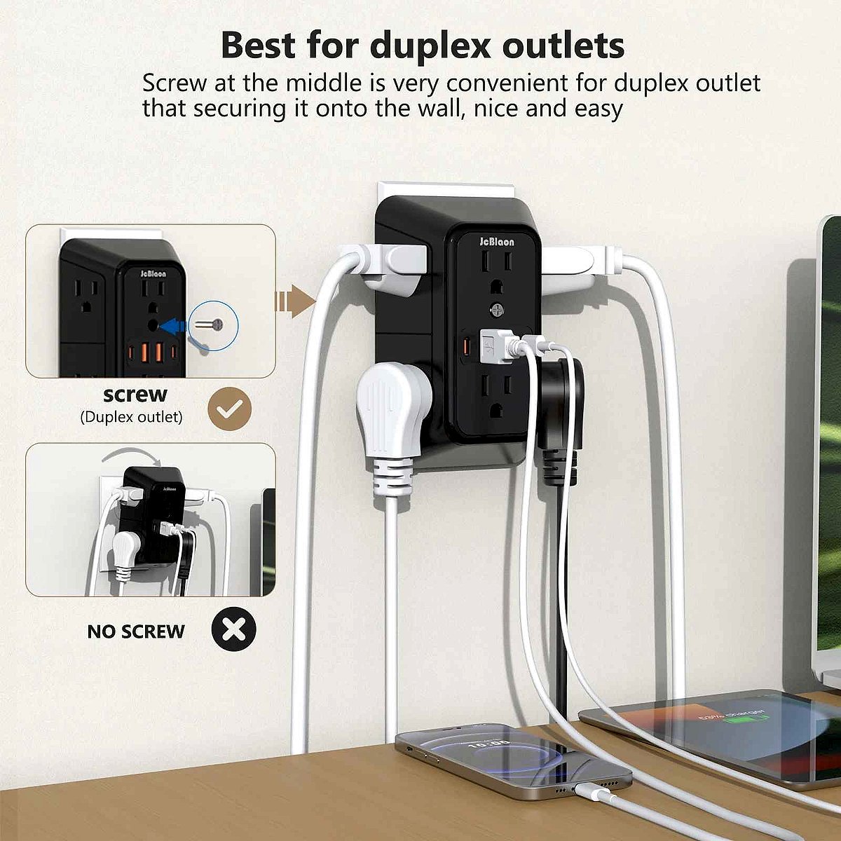 6-Outlet Power Strip with USB and USB-C Quick Charge ports shown plugged into wall outlet | BigMoetsy