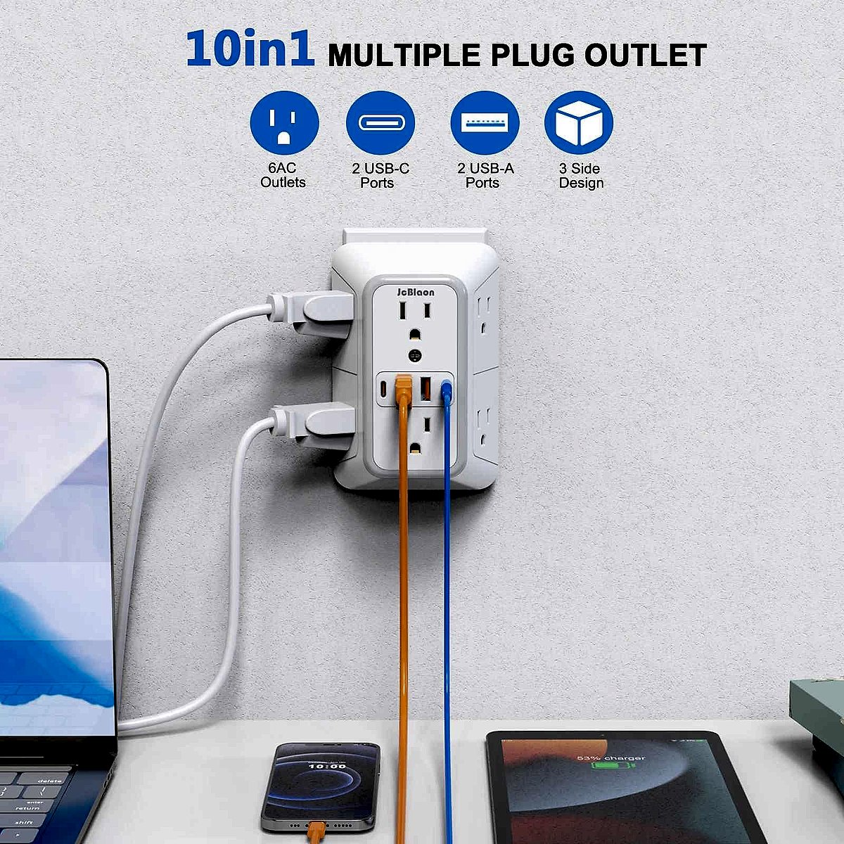 6-Outlet Power Strip with USB and USB-C Quick Charge ports shown in use on a desk | BigMoetsy
