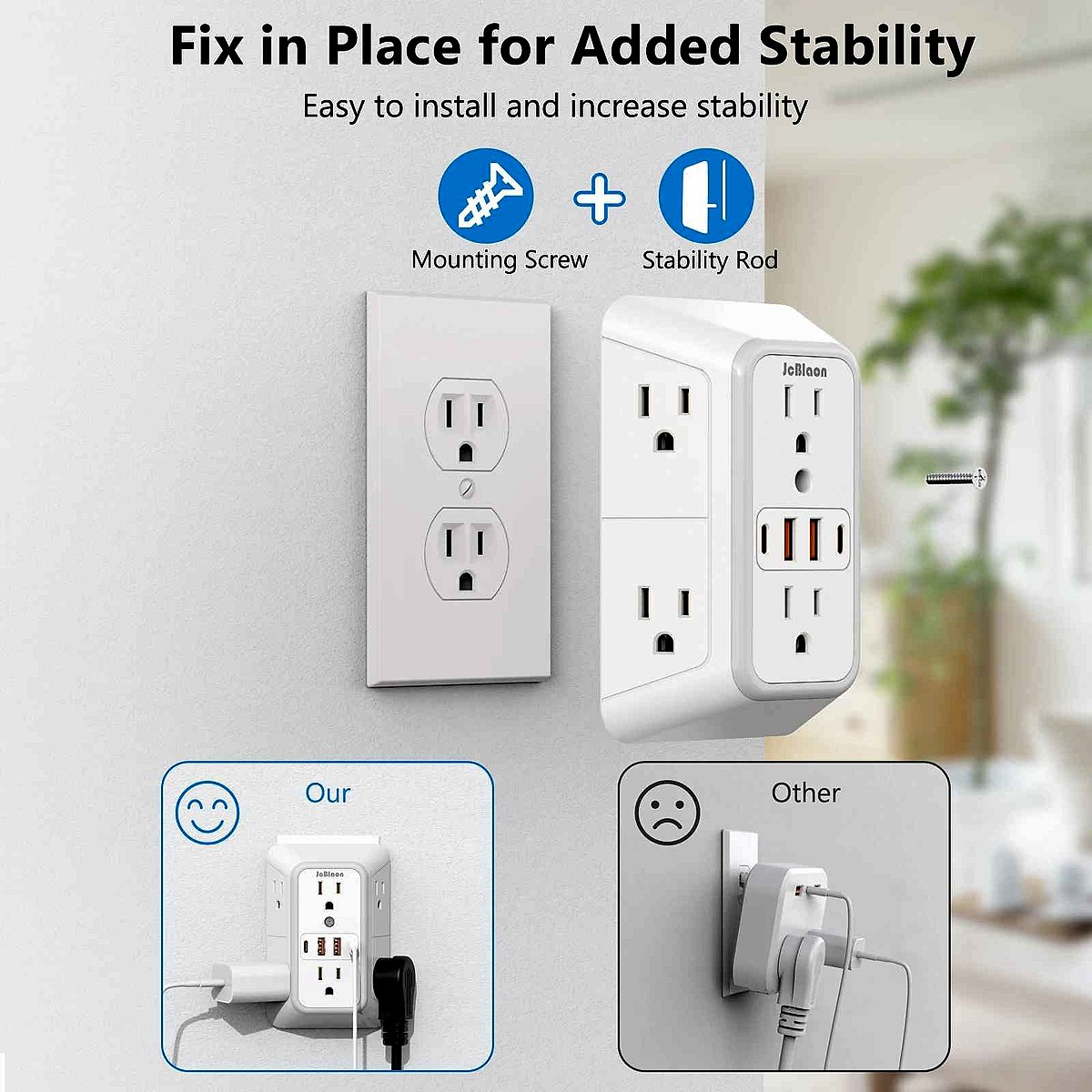 6-outlet power strip with USB and USB-C quick charge ports on white background | BigMoetsy