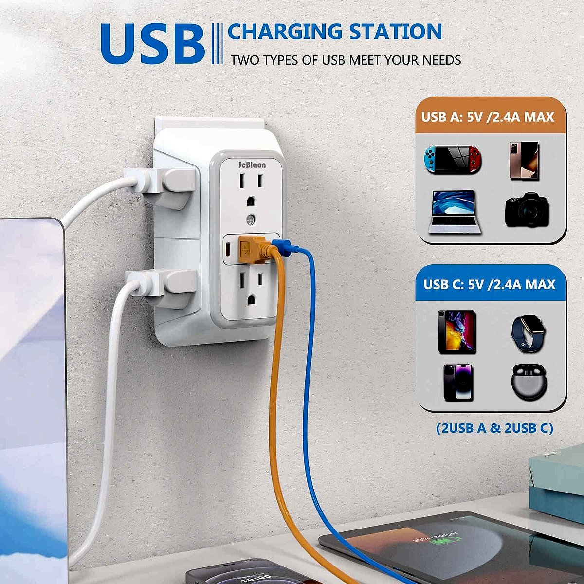 6-Outlet Power Strip with USB & USB-C Quick Charge ports shown in lifestyle setup on desk | BigMoetsy