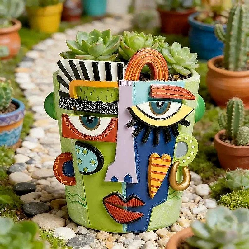Abstract Face Flower Pot & Picasso-Inspired Decorative