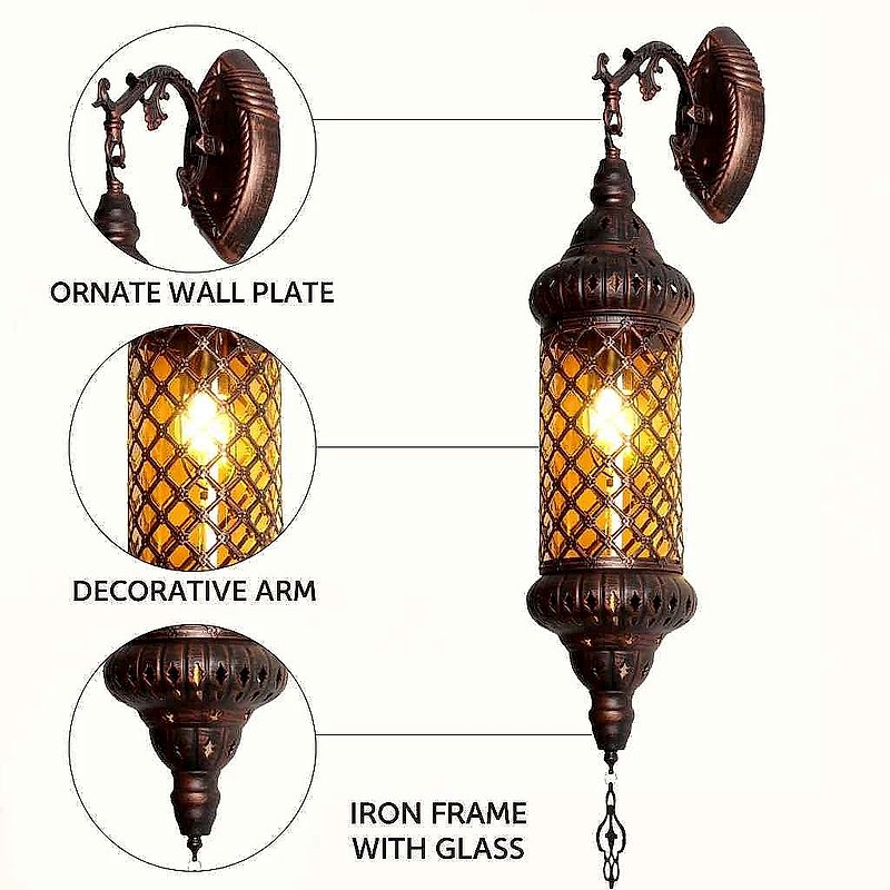 Handcrafted Moroccan Arabesque Glass & Iron Wall Lamp |300+